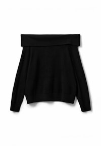 Melns plecu izgriezuma džemperis ar plašu apkakli, garām piedurknēm, ribotām aprocēm un brīvu piegriezumu, izgatavots no gludas, mīkstas auduma.