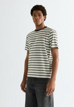 Gestreept T-shirt met korte mouwen in crème en zwart, met een ronde zwarte halslijn en een klein geborduurd detail op de borst.