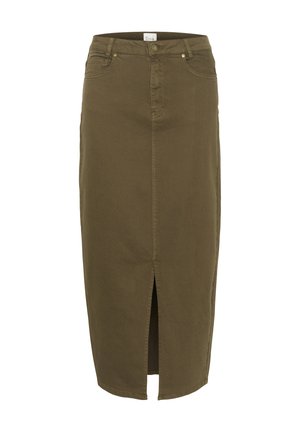 Oliivinvihreä farkkuhame, polvipituinen, edessä halkio, vyölenkit ja kaksi etutaskua, joissa on huomaamattomat ompeluaccentit.