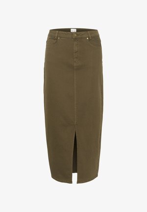 Olīvzaļš denima svārki, līdz ceļiem, ar priekšējo izgriezumu, jostas cilpas un divām priekšējām kabatām, ar smalkiem šuvju akcentiem.