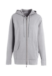 Felpa leggera grigia con zip, tasche anteriori, cappuccio con lacci e polsini e orlo a coste.