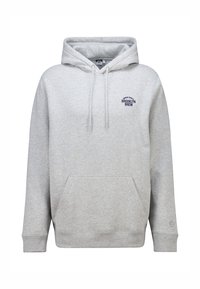 Felpa grigia realizzata in tessuto morbido, con tasca a marsupio, lacci e un logo blu sul petto con una leggera texture.