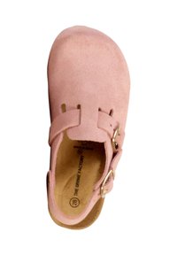 Zuecos rosas con acabado de ante, que cuentan con dos correas ajustables y herrajes dorados. La plantilla es beige con detalles de la marca impresos.