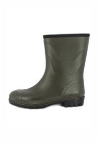 Groene rubberen regenlaars met een gladde afwerking, een gestructureerde zool en een zwarte bovenrand, met een gebogen ontwerp voor comfort en duurzaamheid.