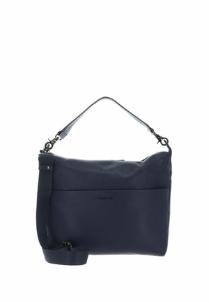 Sac à main en cuir bleu marine à texture lisse, équipé d'une bandoulière et d'un compartiment zippé. Design minimaliste avec une poche avant.