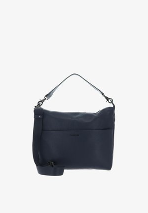 Sac à main en cuir bleu marine à texture lisse, équipé d'une bandoulière et d'un compartiment zippé. Design minimaliste avec une poche avant.