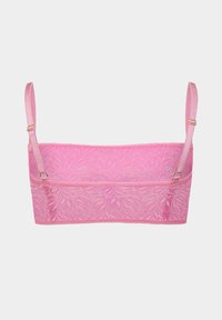 Roze kanten bralette met verstelbare bandjes, bloemenpatroon en een gladde textuur. Heeft een naadloos ontwerp en subtiele accenten.