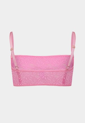 Roze kanten bralette met verstelbare bandjes, bloemenpatroon en een gladde textuur. Heeft een naadloos ontwerp en subtiele accenten.