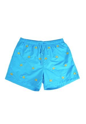 Pantaloni da bagno blu con cintura elastica, cordino e motivo a foglia gialla. Realizzati in tessuto leggero con una texture liscia.