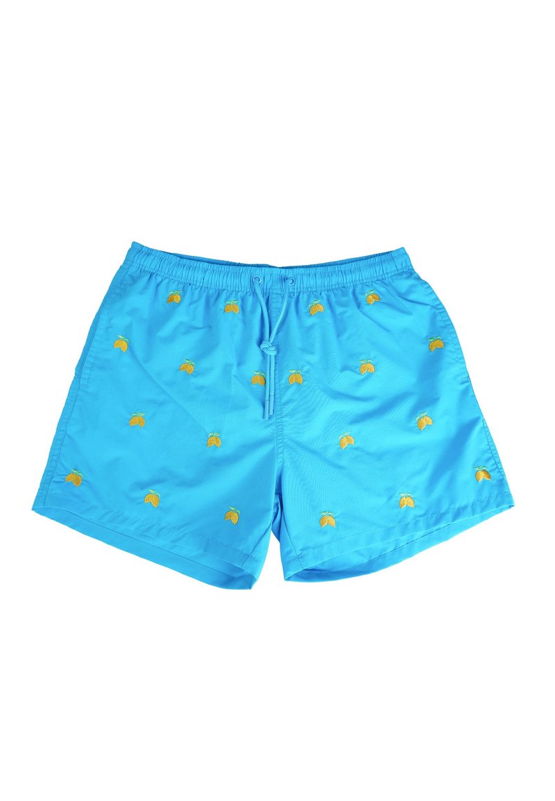 Pantaloni da bagno blu con cintura elastica, cordino e motivo a foglia gialla. Realizzati in tessuto leggero con una texture liscia.