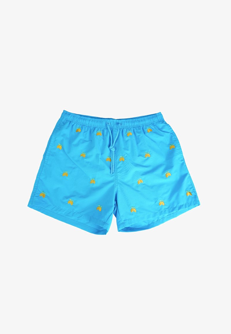 Pantaloni da bagno blu con cintura elastica, cordino e motivo a foglia gialla. Realizzati in tessuto leggero con una texture liscia.