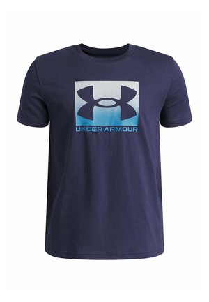Navy blue short-sleeve t-shirt with a large Under Armour logo and text in blue and white on the chest.