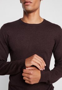 Maglione marrone a maniche lunghe con scollatura a girocollo. Realizzato in tessuto morbido e testurizzato. Maniche aderenti, finitura liscia e dettagli di design minimi.