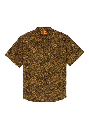 Short-sleeve brown button-up shirt with a repeating pattern of yellow sun faces and abstract leaf designs.