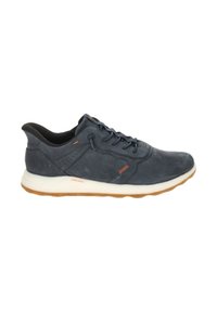 Baskets bleu foncé à lacets avec semelle blanche et bande de roulement marron clair, avec des détails de couture orange subtils.