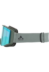 Des lunettes de ski avec une sangle gris clair et un rembourrage doux. Elles sont dotées d'un verre miroir bleu et d'un logo imprimé sur la sangle.