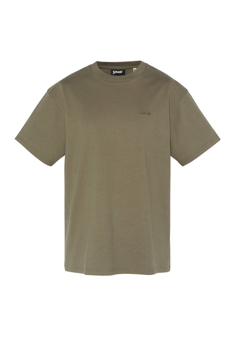 T-shirt di cotone verde oliva con maniche corte, colletto a giro e un piccolo logo ricamato sul lato sinistro del petto. Texture liscia, vestibilità comoda.