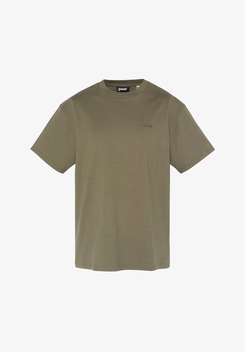 T-shirt di cotone verde oliva con maniche corte, colletto a giro e un piccolo logo ricamato sul lato sinistro del petto. Texture liscia, vestibilità comoda.