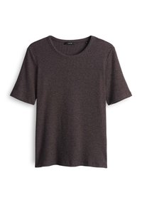 Brown, ribbed short-sleeve t-shirt with a rounded neckline and relaxed fit, made from soft, textured fabric. Brand tag visible at the neck.