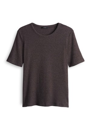 Braunes, geripptes T-Shirt mit kurzen Ärmeln und rundem Ausschnitt, in lockerer Passform, aus weichem, strukturiertem Stoff gefertigt. Markenetikett am Hals sichtbar.