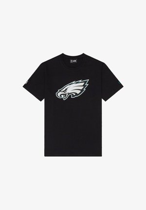 Schwarzes Baumwoll-T-Shirt mit einem großen, stilisierten Adler-Logo in Weiß und Türkis auf der Vorderseite. Kurze Ärmel und ein klassischer Rundhalsausschnitt.