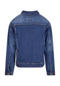 Veste en denim bleu classique avec manches longues, poignets boutonnés et col, vue de dos sur fond blanc.