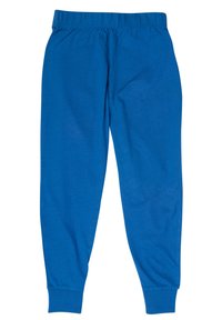 Pantaloni tuta blu in cotone con vita elasticizzata e caviglie a coste, caratterizzati da una texture liscia e un design semplice e monocolore.