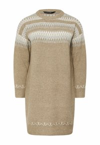 Pull beige à col rond et à manches trois-quarts. Présente un motif texturé en blanc et bleu clair sur la poitrine.