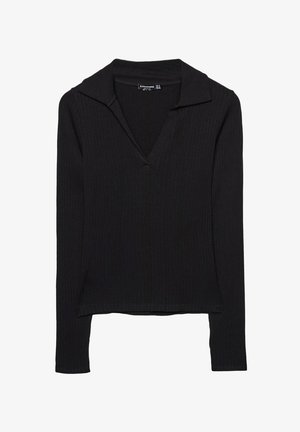 Sort langærmet ribbet top med bred krave og V-udskæring, med en let cropped kant.
