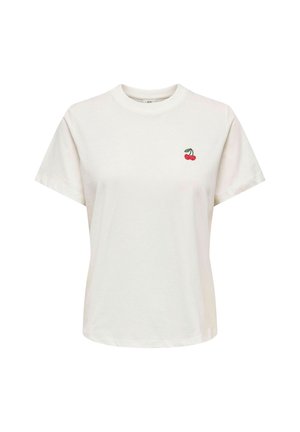 Biele bavlnené tričko s okrúhlym výstrihom a krátkymi rukávmi, zdobené malým vyšívaným motívom čerešne na ľavej strane hrude.