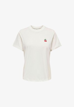 Weißes Baumwoll-T-Shirt mit rundem Ausschnitt und kurzen Ärmeln, verziert mit einem kleinen, gestickten Kirschmotiv auf der linken Brust.