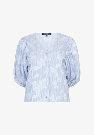Lichtblauw-wit gestreepte blouse met witte bloemenpatronen, opgepofte driekwart mouwen, V-hals en knopen aan de voorkant.