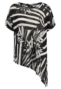 Czarna i biała asymetryczna bluzka o paskowanym wzorze i kwiatowym motywie. Wykonana z lekkiego materiału o luźnym kroju i krótkich rękawach.
