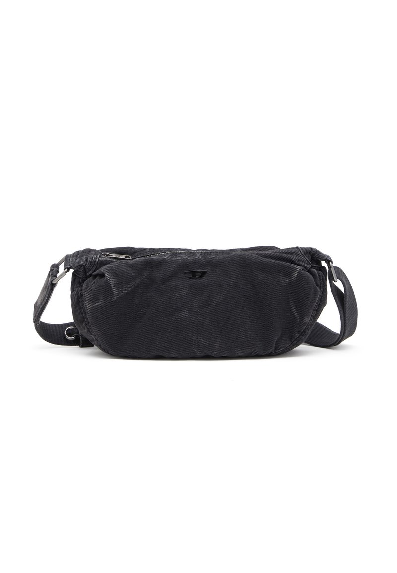Black fabric bag with a rounded shape, featuring a zip closure and adjustable strap. Textured surface with a subtle sheen and logo detail.