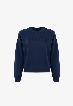 Sweat-shirt à col rond bleu marine à manches longues avec "MEXX" brodé sur la poitrine dans un fil assorti.