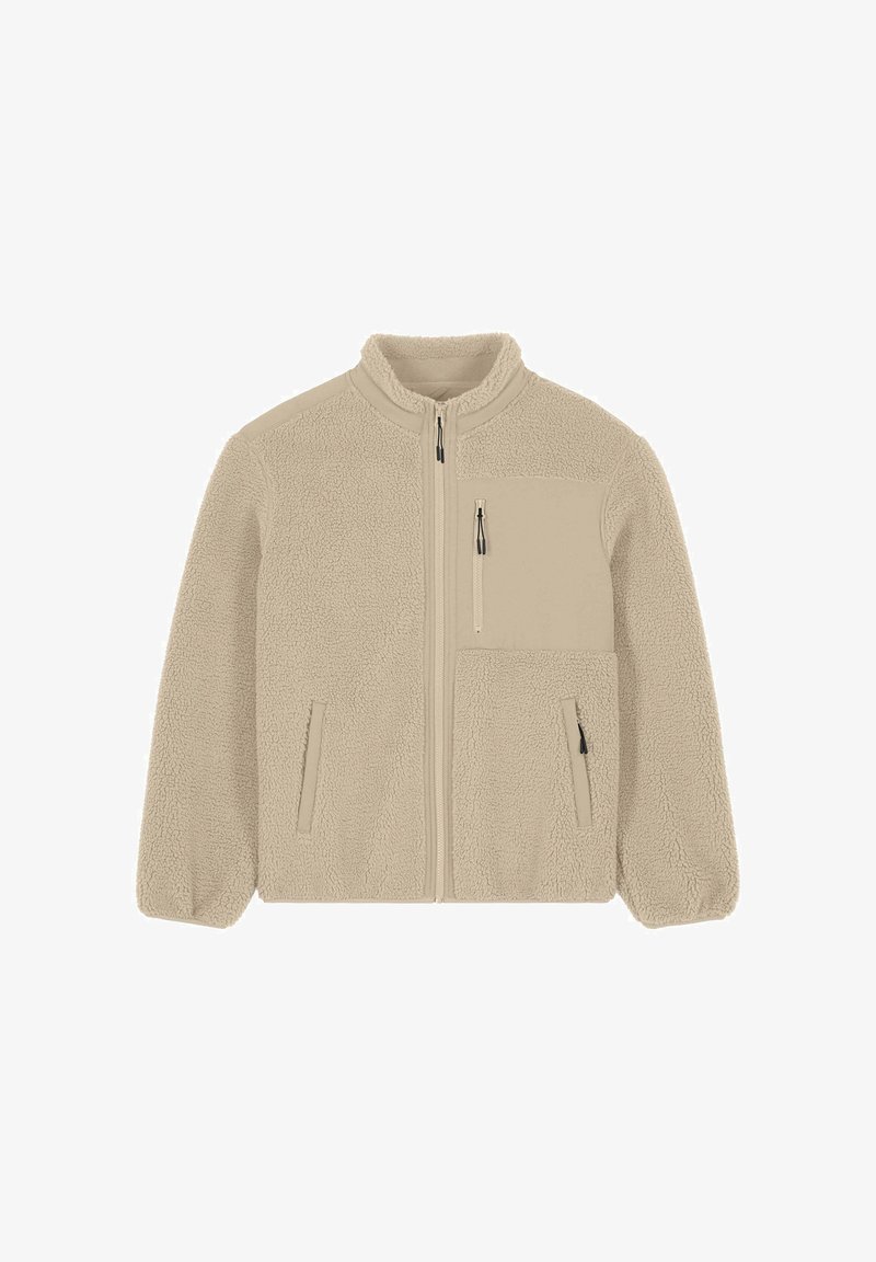 Giacca in pile beige con cerniera frontale completa, polsini elasticizzati, due tasche laterali con cerniera e una tasca con cerniera sul petto a destra.