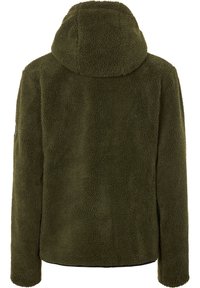 Zielono-oliwkowa polarowa kurtka o teksturowanym wyglądzie, z kapturem i długimi rękawami. Brak widocznych zapięć lub kieszeni.