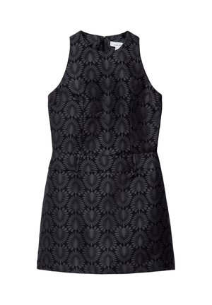 Black sleeveless dress featuring a textured floral pattern, fitted waist, and back zipper closure. Smooth fabric with a subtle sheen.
