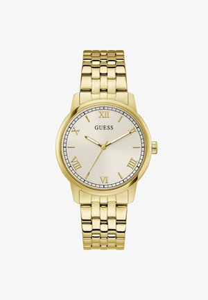 Orologio da polso Guess in tono oro con quadrante bianco, numeri romani e bracciale metallico a maglie che indica l'ora 9:10:35.