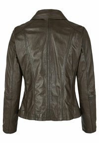 Braune Lederjacke mit strukturiertem Design, featuring einen Reverskragen, vertikale Nähte und lange Ärmel. Glatte Textur mit einem leicht glänzenden Finish.