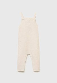 Prendi in considerazione una salopette di colore crema lavorata a maglia con spalline sottili, aperture ampie per le gambe e un tessuto testurizzato. Design semplice e minimalista senza decorazioni.