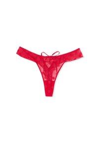 String rosso trasparente con motivo a pois, caratterizzato da un bordo in pizzo e un dettaglio a fiocco sul retro. Design leggero e delicato.