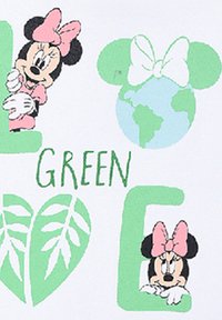 Tela blanca con estampados coloridos: Minnie Mouse en rosa, letras verdes que dicen "VERDE" y un diseño de globo con patrones de hojas.