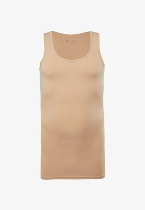 Beżowy top na ramiączkach wykonany z gładkiego, elastycznego materiału, z okrągłym dekoltem i szerokimi ramiączkami. Bez wzorów czy zdobień.
