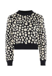 Pulover scurt negru cu un model de buline albe, guler rotund și manșete cu model canelat. Fabricat dintr-un material tricotat texturat.