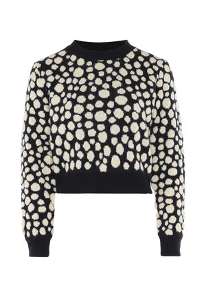 Zwarte cropped sweater met een wit stippenpatroon, ronde halslijn en geribde manchetten. Gemaakt van een gestructureerde breimateriaal.
