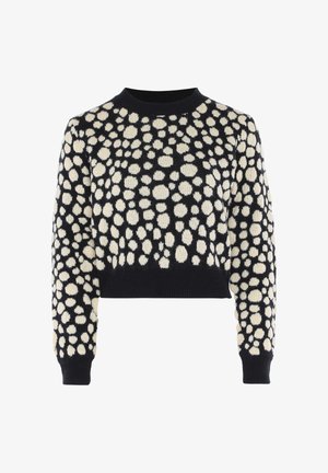 Maglione corto nero con motivo a pois bianchi, scollatura rotonda e polsini a coste. Realizzato in un tessuto a maglia testurizzato.