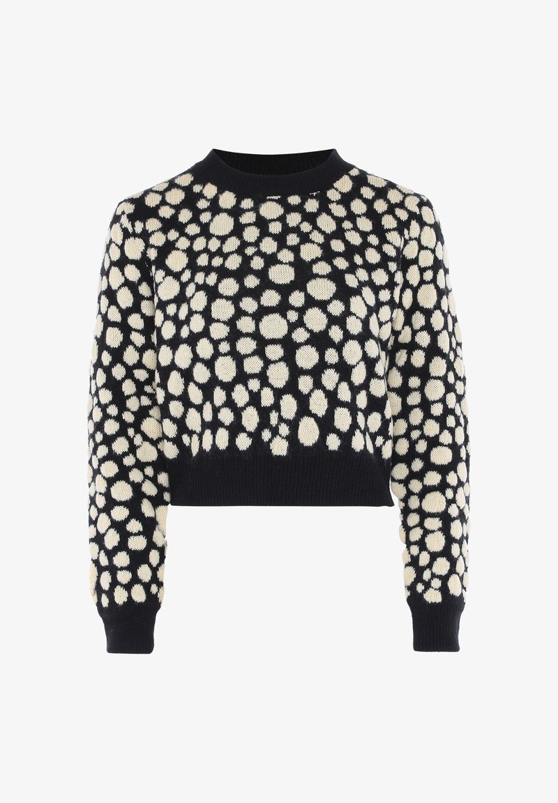 Czarny krótki sweter z białym wzorem w kropki, okrągłym dekoltem i prążkowanymi mankietami. Wykonany z materiału o fakturowanym splocie.