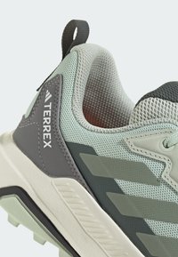 Un dessus en maille vert clair avec des accents gris et des détails texturés. Présente une semelle extérieure texturée et un logo "TERREX" bien en évidence.