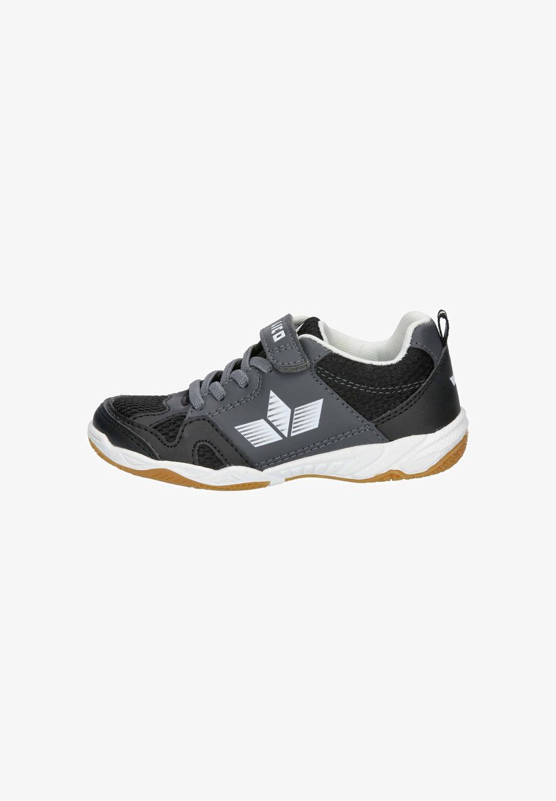 Schwarzer Sportschuh mit einem Obermaterial aus Mesh und Synthetik, grauen Schnürsenkeln, weißen Akzenten und einer strukturierten Gummisohle. Verfügt über einen Klettverschluss.